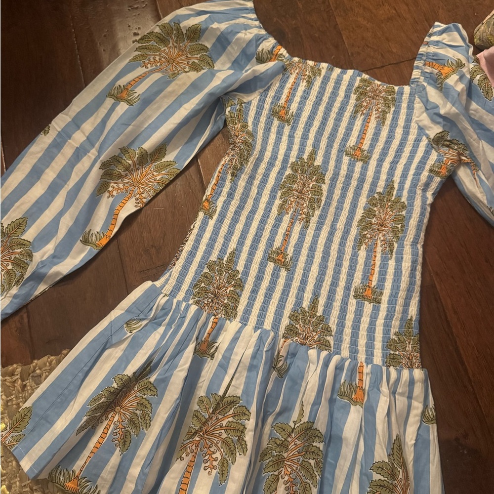 Blue and White Ruffled Tiered Sundress with Puff Sleeves